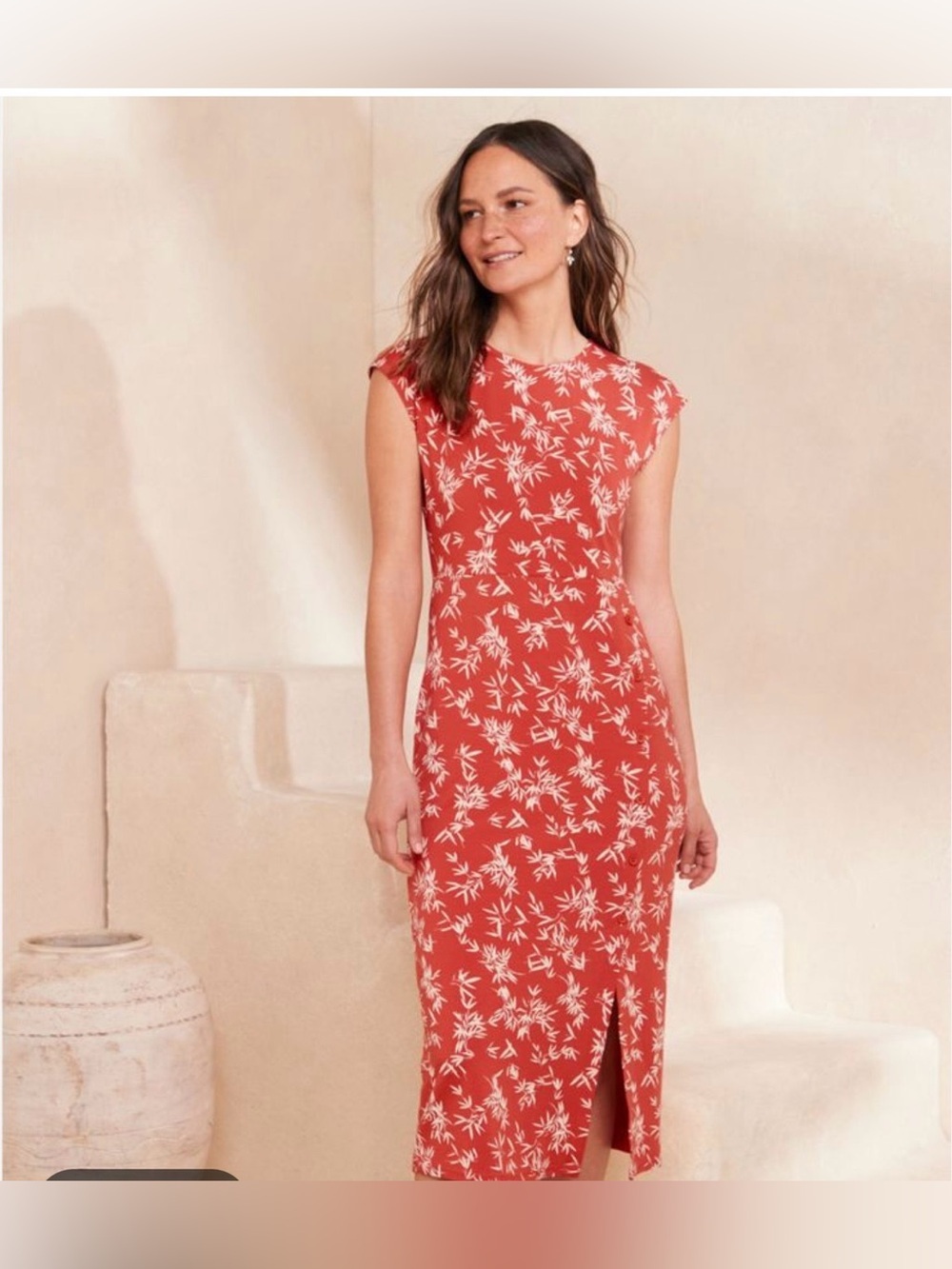 Garnet Hill Coral Red Floral Cap-Sleeve Jersey Midi Dress Size XS